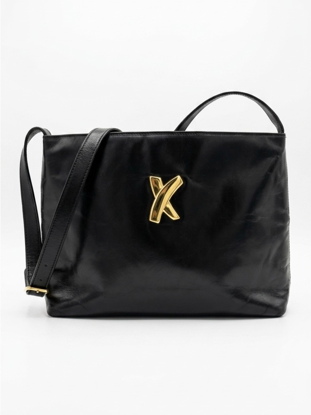 Vintage 90th Leather Paloma Picasso Black Shoulder Bag with Gold X Accent Y2K